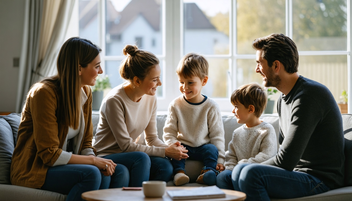 Ouders en kinderen in een warme, ondersteunende gesprekssituatie tijdens scheiding